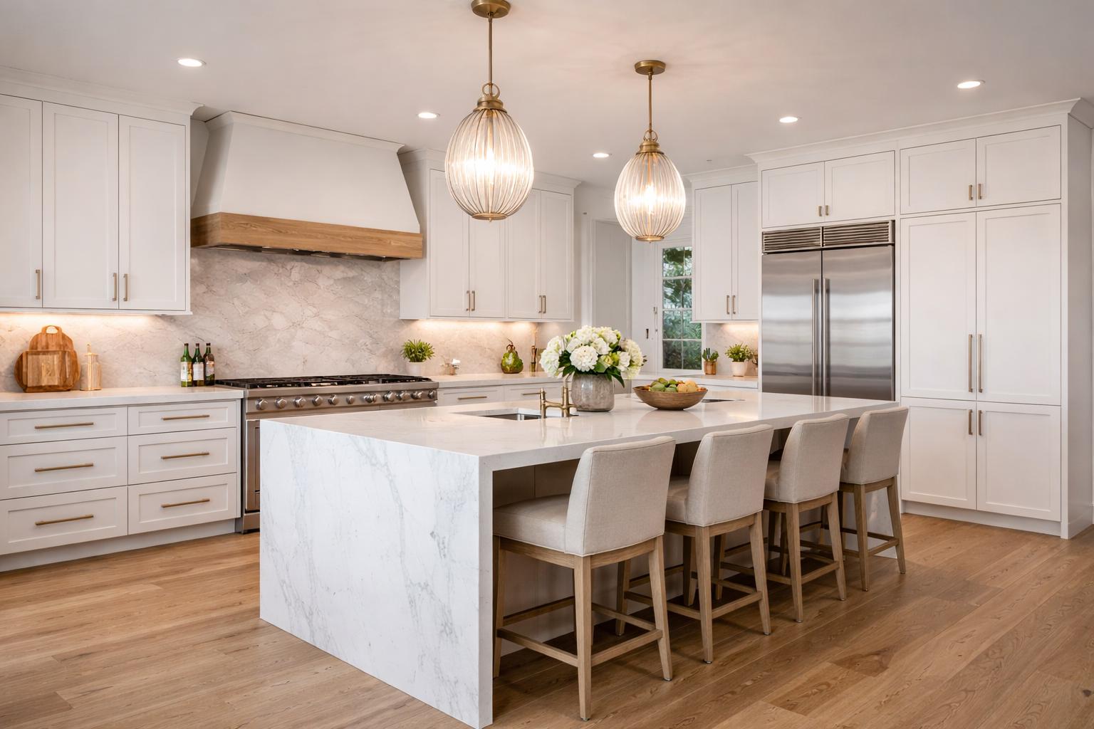 Luxury kitchen remodel by Western Renovations featuring custom cabinetry, oversized waterfall island, quartz countertops, designer lighting, and high-end appliances in Roseville, CA.