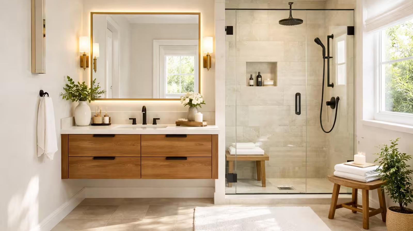 Modern powder room with designer vanity, statement wallpaper, and contemporary lighting