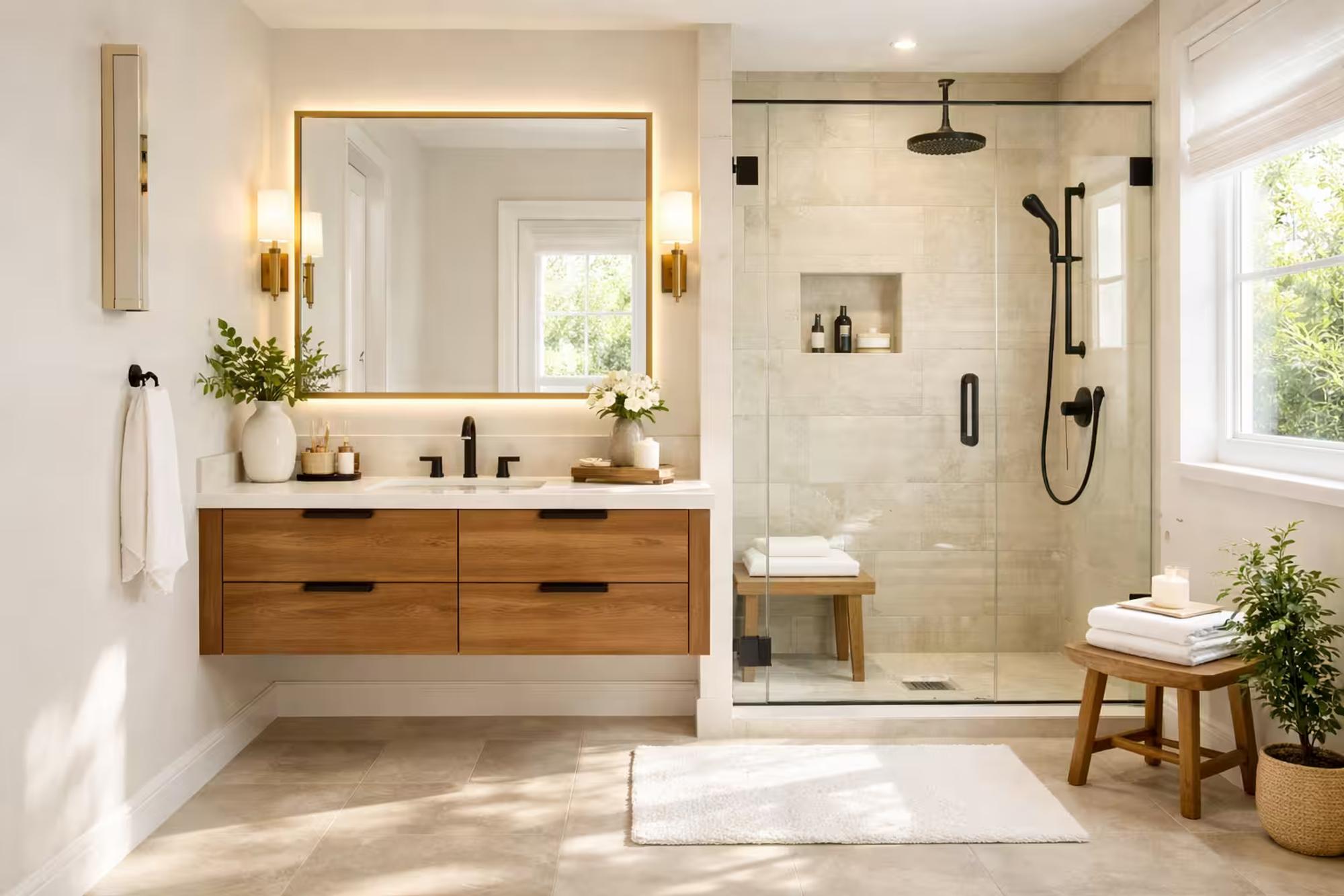 Modern powder room with designer vanity, statement wallpaper, and contemporary lighting