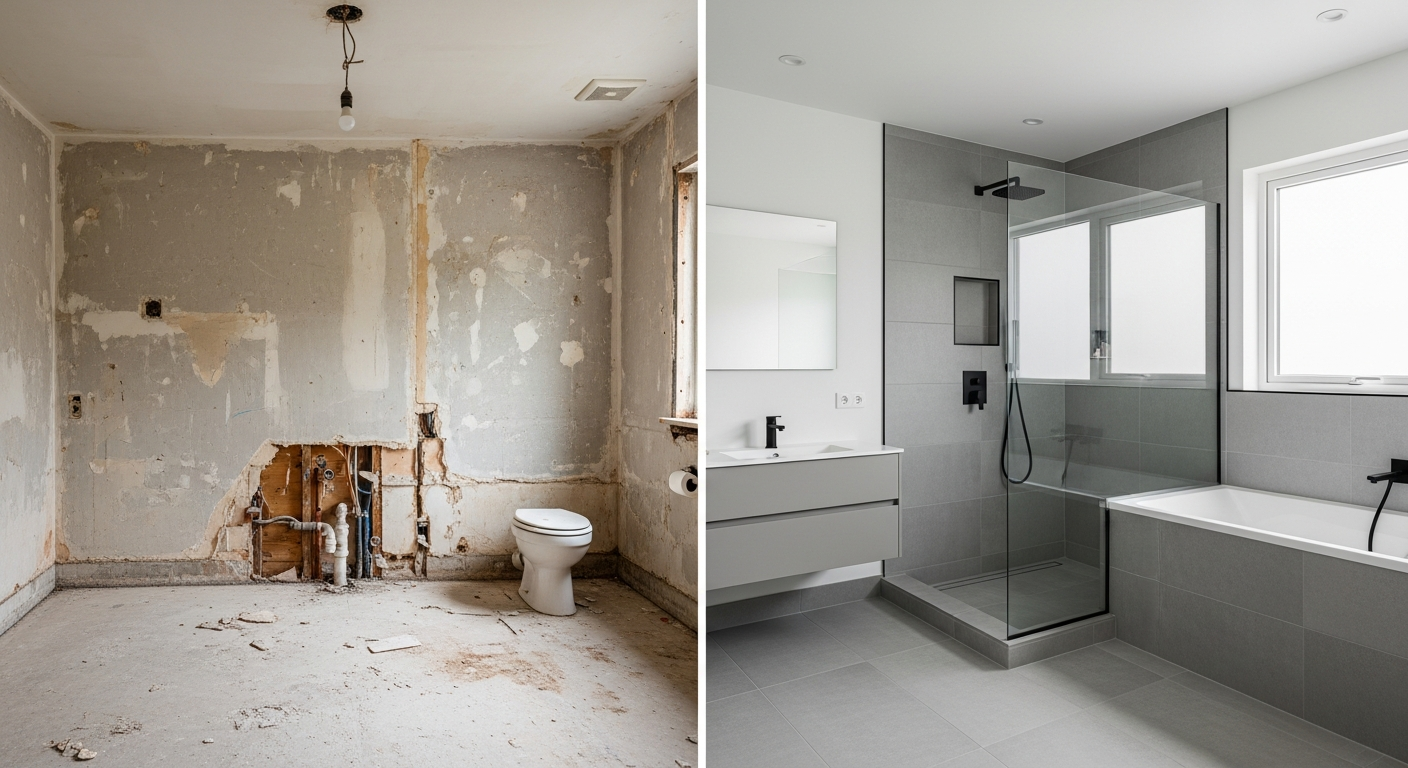 Bathroom remodel in progress showing demolition on one side and new tile shower installation on the other side