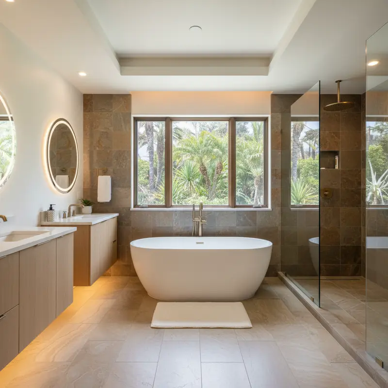 Spa-inspired master bathroom remodel with freestanding tub and rainfall shower in Sacramento area home