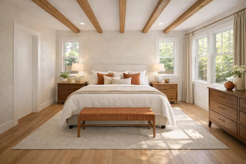 Renovated bedroom in Roseville with custom closets and warm wood flooring by Western Renovations.