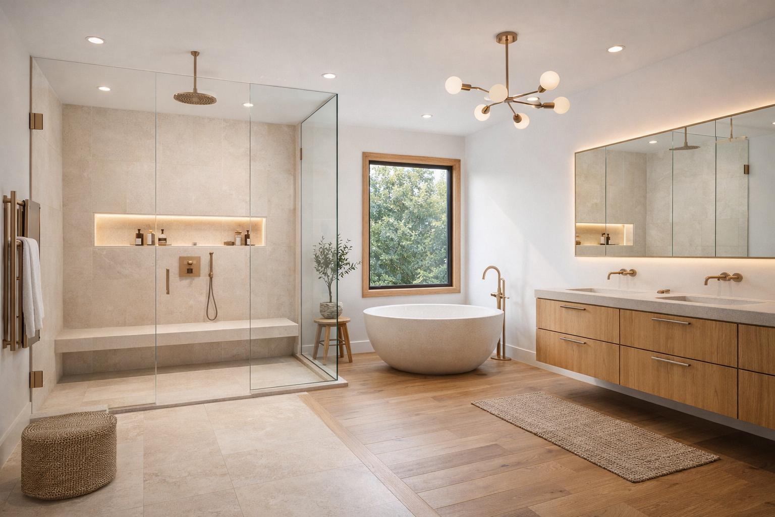 Luxury bathroom remodel by Western Renovations featuring curbless glass shower with champagne bronze fixtures, freestanding soaking tub, rift-cut oak floating vanity, and warm limestone-look tile in Roseville, CA