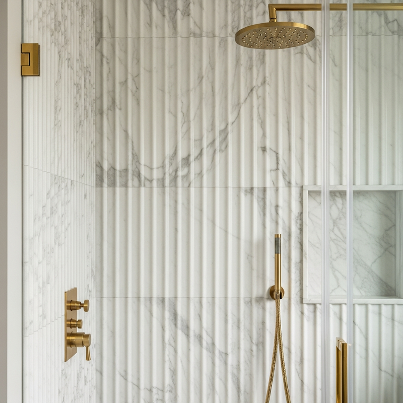 Fluted marble shower wall panels with three-dimensional ribbed texture in premium Roseville California bathroom renovation