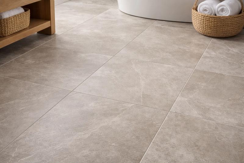 Large-format porcelain tile in warm grey limestone look installed in Roseville bathroom remodel by Western Renovations