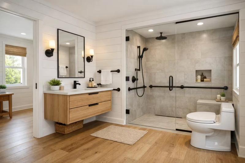 Modern farmhouse accessible bathroom with curbless shower and grab bars for aging in place in Roseville, California done by western renovations