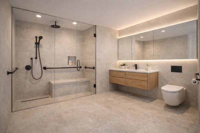 Modern accessible bathroom with open-layout curbless shower for aging in place in Roseville, California renovation done by western renovations