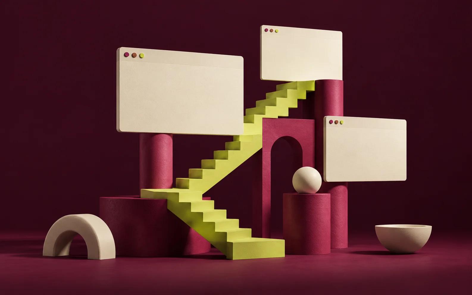 Cream panels, rose columns and a yellow staircase forming an abstract website architecture.