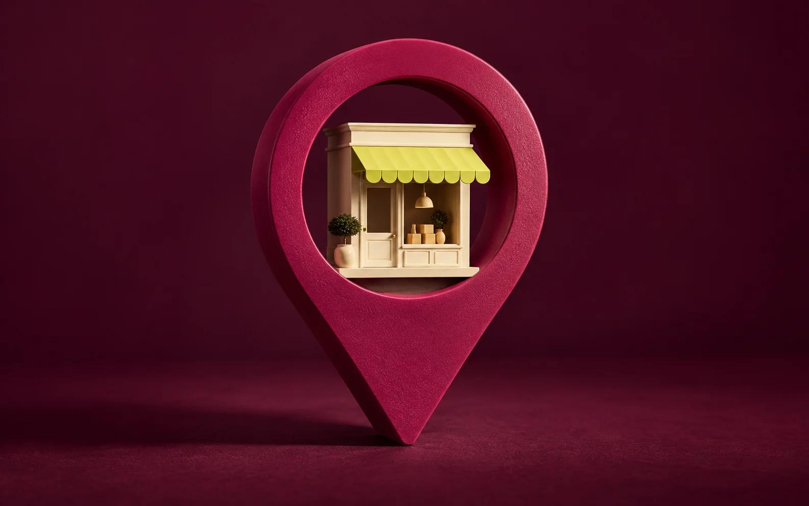 A cream storefront with a yellow awning framed by a rose location pin.
