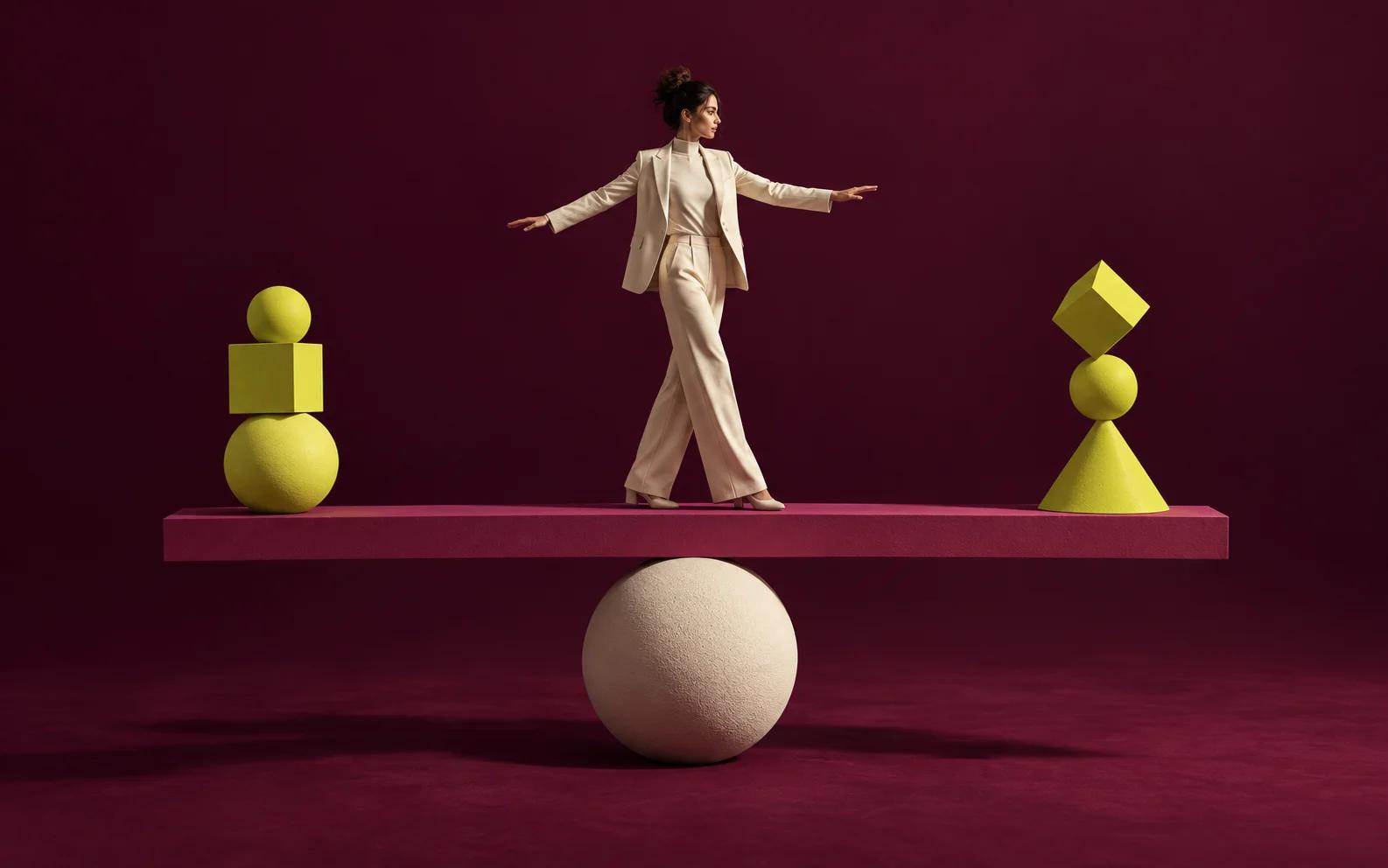 A figure balances on a rose beam supported by a cream sphere, with yellow geometric weights at each end.