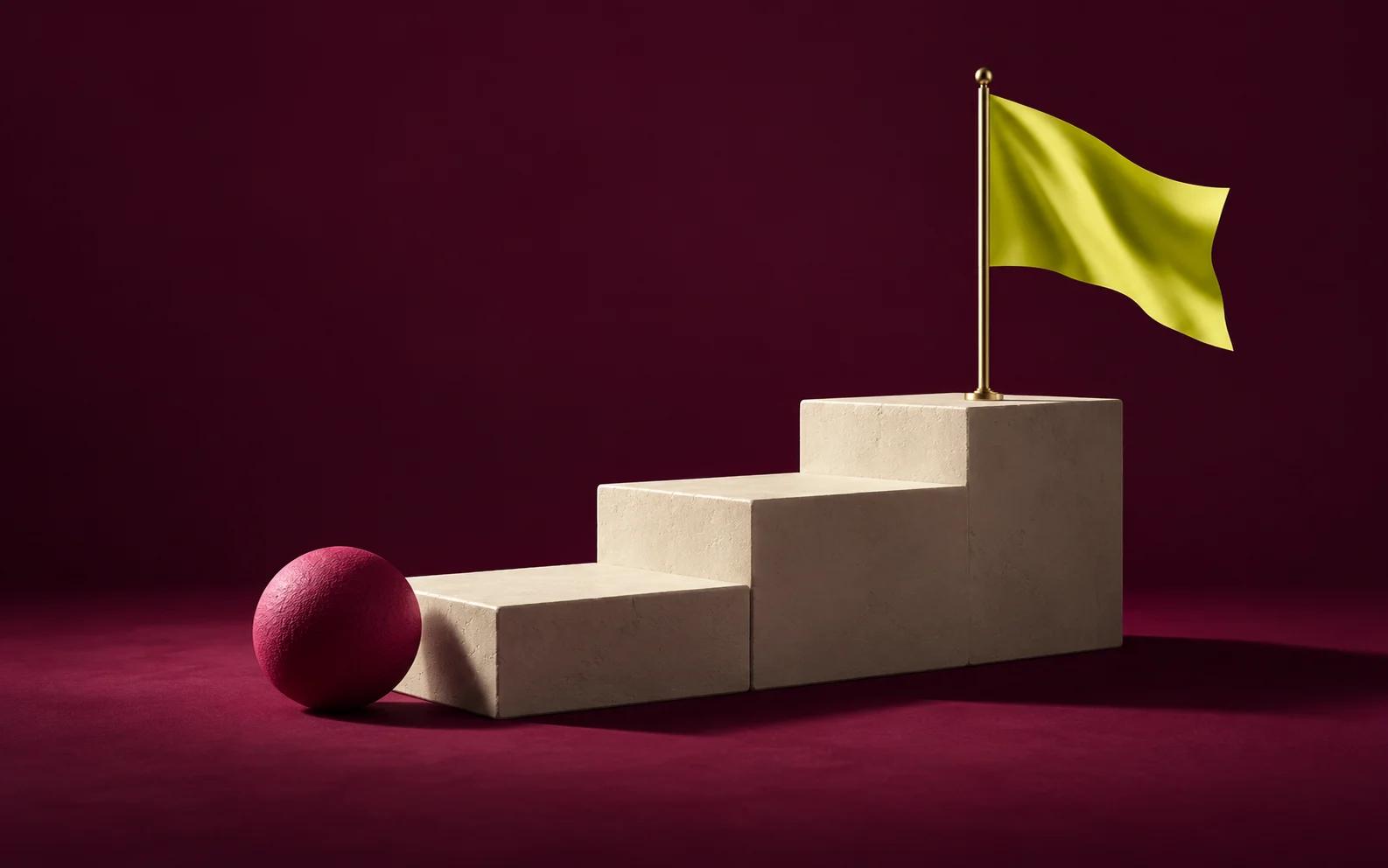 Three cream steps rise toward a folded yellow flag.