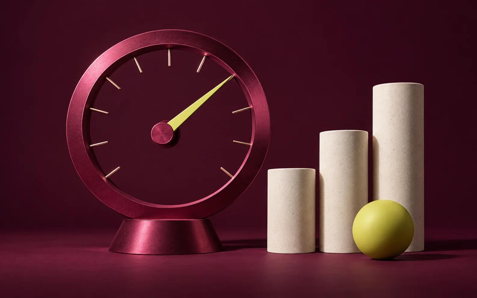 A rose precision gauge with a yellow needle beside rising cream columns.