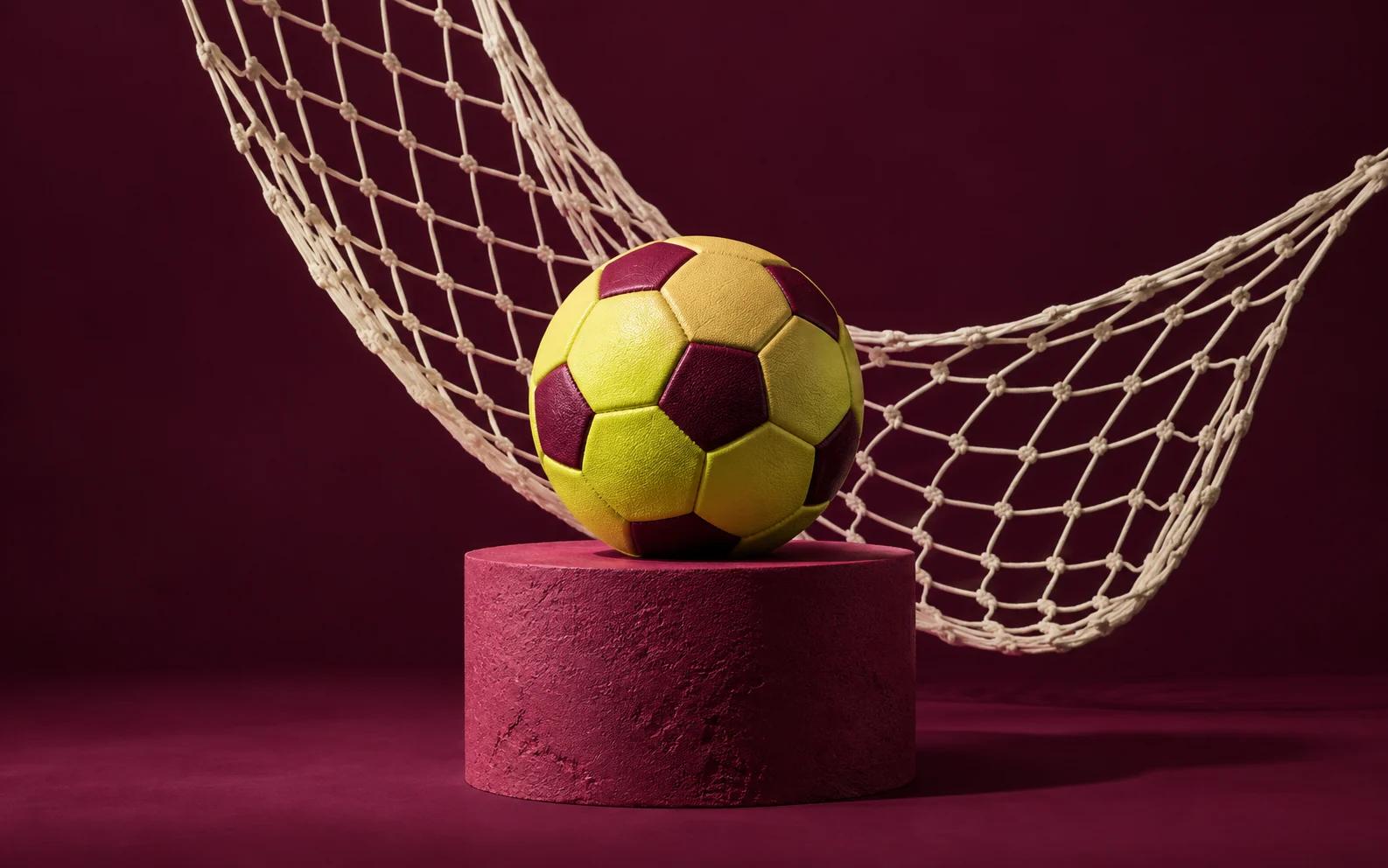 A yellow and wine football beside a cream net on a rose plinth.
