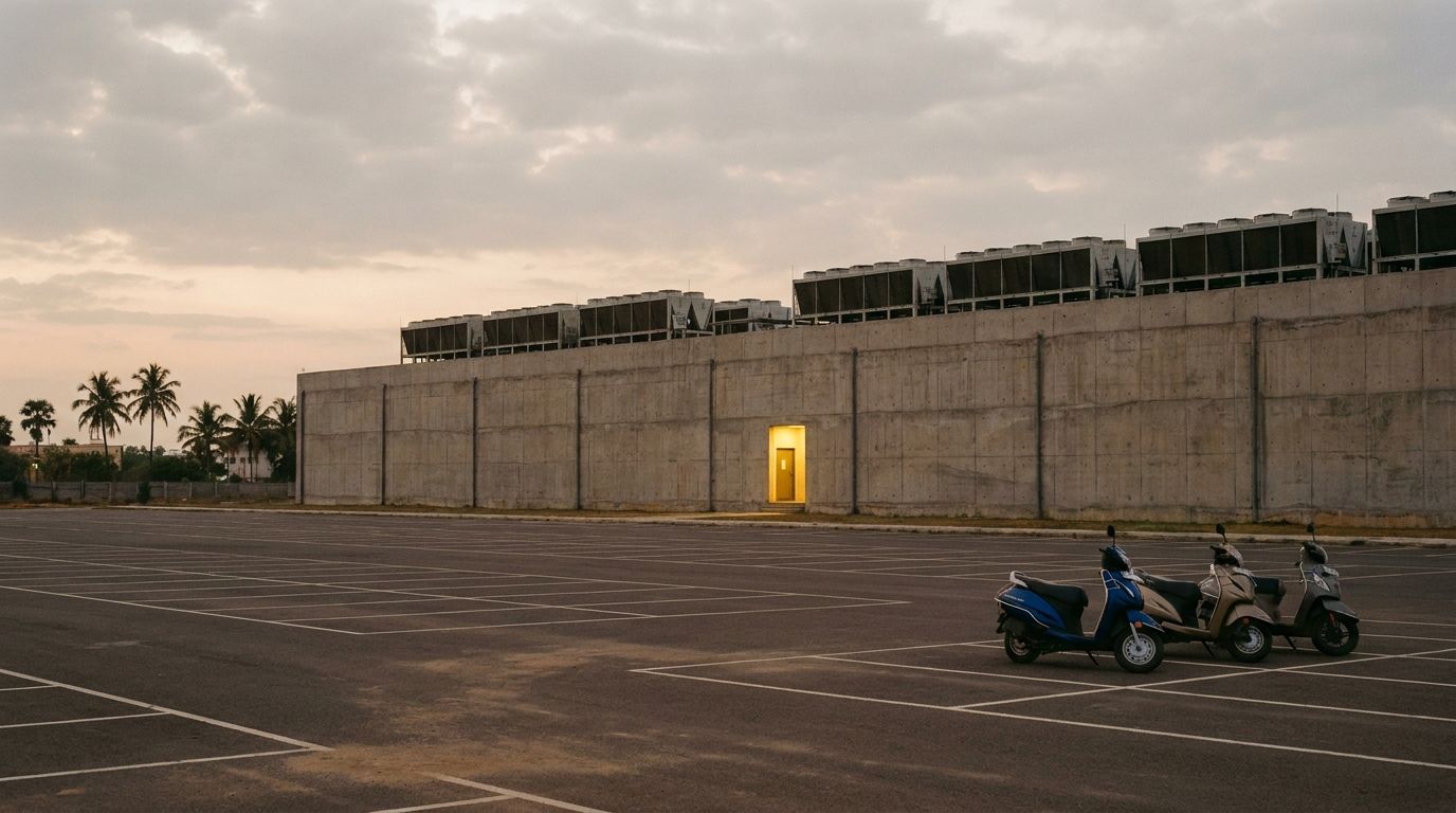 A nearly empty car park at dusk beside a windowless concrete data hall lined with rooftop cooling units; three scooters are parked in one corner and a single doorway is lit.