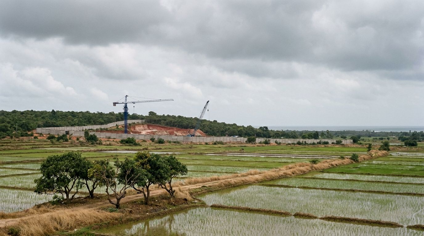 Flooded paddy fields and a small grove of trees in the foreground; behind them a long grey boundary wall, a cleared red-earth hillside and two construction cranes, one blue, with a grey sea on the horizon under monsoon cloud.