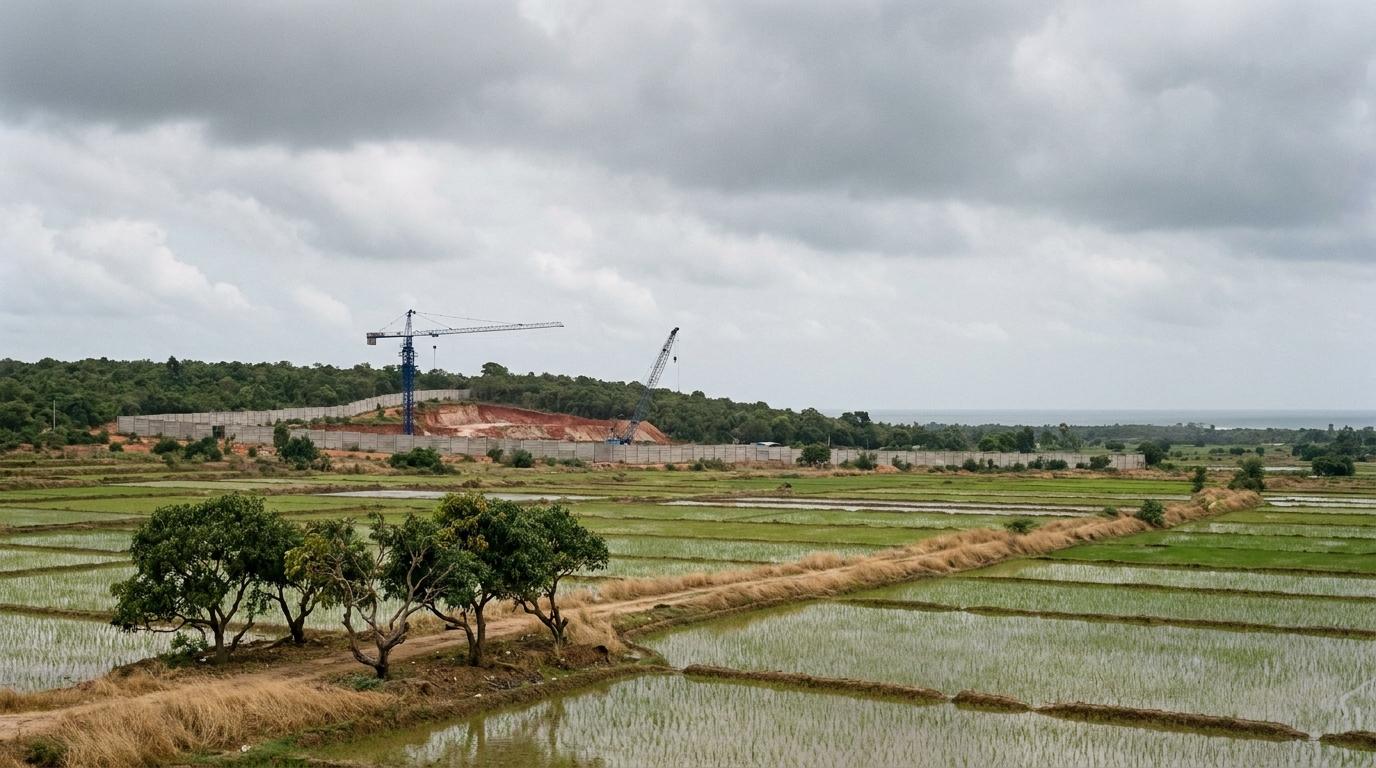 Flooded paddy fields and a small grove of trees in the foreground; behind them a long grey boundary wall, a cleared red-earth hillside and two construction cranes, one blue, with a grey sea on the horizon under monsoon cloud.