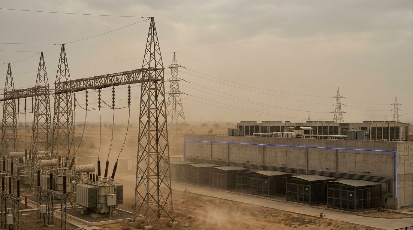 A high-voltage substation with lattice transmission towers in dusty grey haze, lines running to a long windowless concrete hall with rooftop cooling units and a row of generator enclosures, a thin blue light strip along its facade.