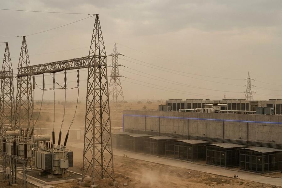 A high-voltage substation with lattice transmission towers in dusty grey haze, lines running to a long windowless concrete hall with rooftop cooling units and a row of generator enclosures, a thin blue light strip along its facade.
