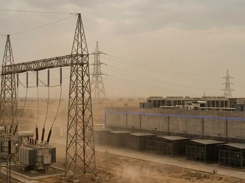 A high-voltage substation with lattice transmission towers in dusty grey haze, lines running to a long windowless concrete hall with rooftop cooling units and a row of generator enclosures, a thin blue light strip along its facade.