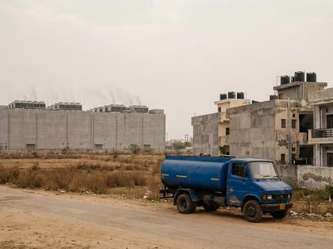A blue water tanker parked on a dusty road beside half-finished apartment blocks with rooftop water tanks; across a dry field stands a large windowless grey data centre with cooling units on its roof.