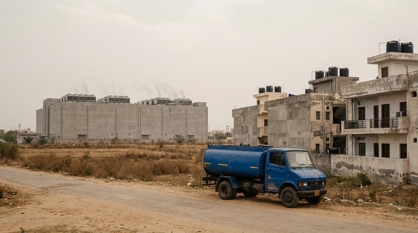 A blue water tanker parked on a dusty road beside half-finished apartment blocks with rooftop water tanks; across a dry field stands a large windowless grey data centre with cooling units on its roof.