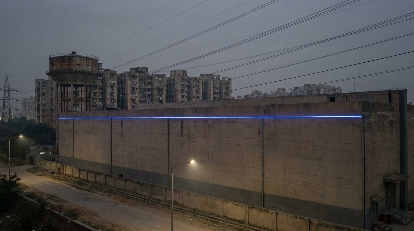 A long windowless grey data hall at dusk on the edge of an Indian city, a single cobalt-blue light strip along its facade, power lines overhead.