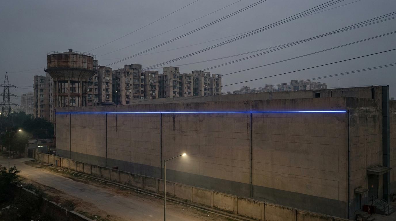 A long windowless grey data hall at dusk on the edge of an Indian city, a single cobalt-blue light strip along its facade, power lines overhead.