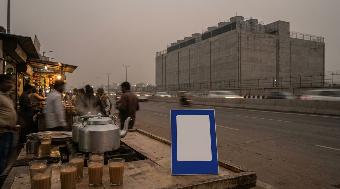 A roadside tea stall at dusk with glasses of chai and a steel kettle on a wooden counter, a blank cobalt-framed payment stand in the foreground, and a large windowless grey concrete building with rooftop cooling units across a busy highway.