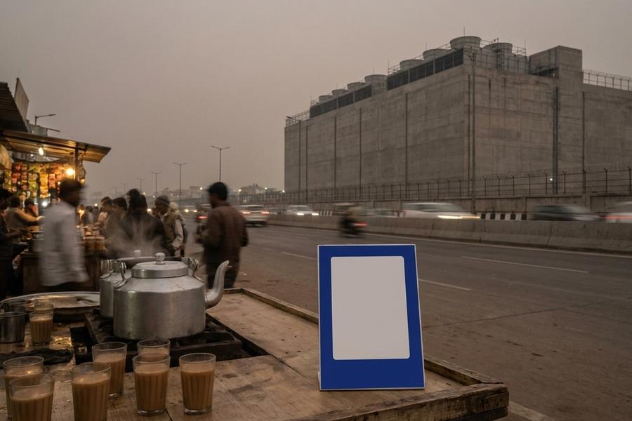 A roadside tea stall at dusk with glasses of chai and a steel kettle on a wooden counter, a blank cobalt-framed payment stand in the foreground, and a large windowless grey concrete building with rooftop cooling units across a busy highway.