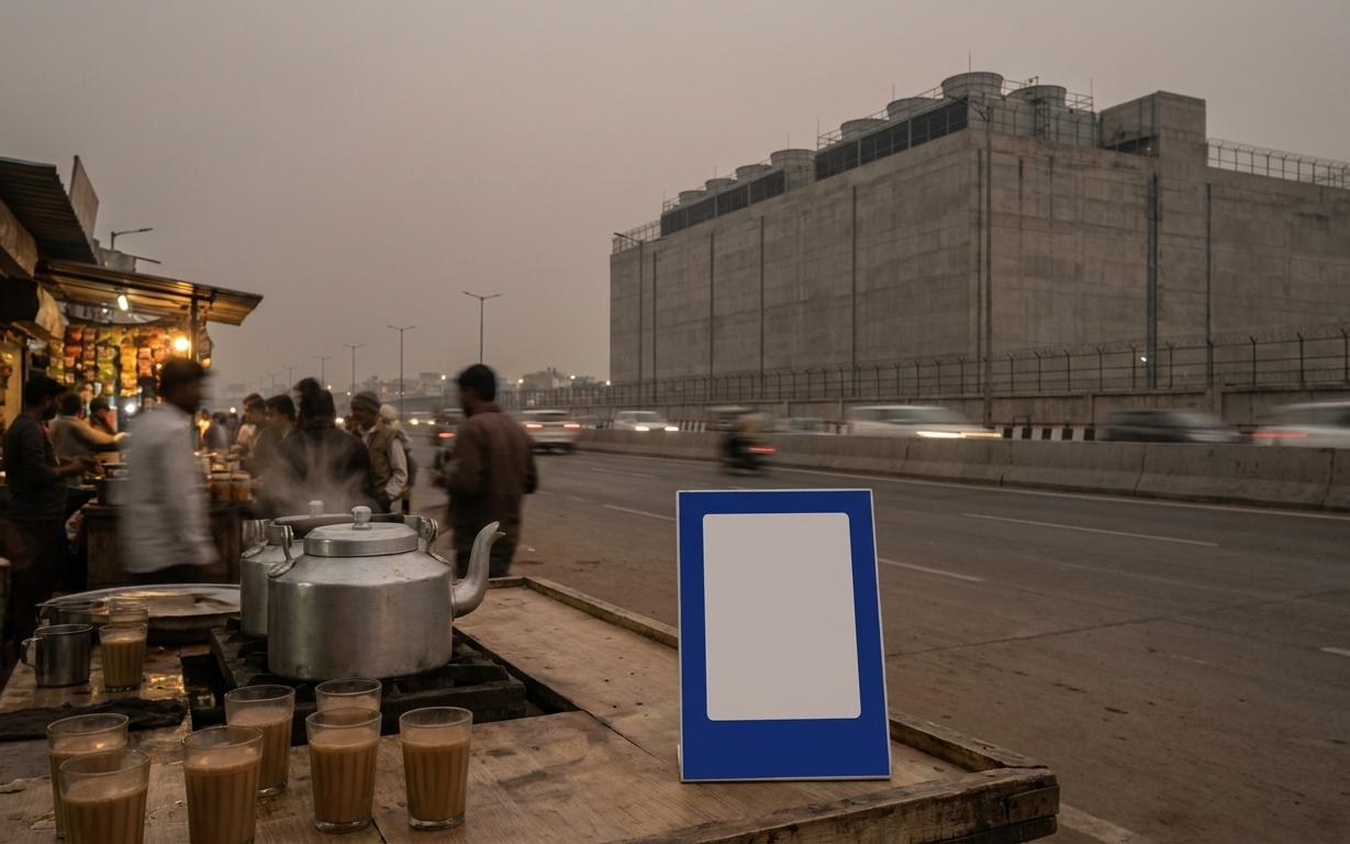 A roadside tea stall at dusk with glasses of chai and a steel kettle on a wooden counter, a blank cobalt-framed payment stand in the foreground, and a large windowless grey concrete building with rooftop cooling units across a busy highway.