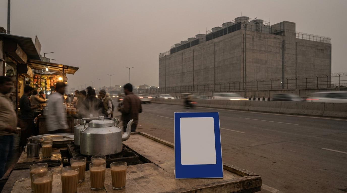 A roadside tea stall at dusk with glasses of chai and a steel kettle on a wooden counter, a blank cobalt-framed payment stand in the foreground, and a large windowless grey concrete building with rooftop cooling units across a busy highway.