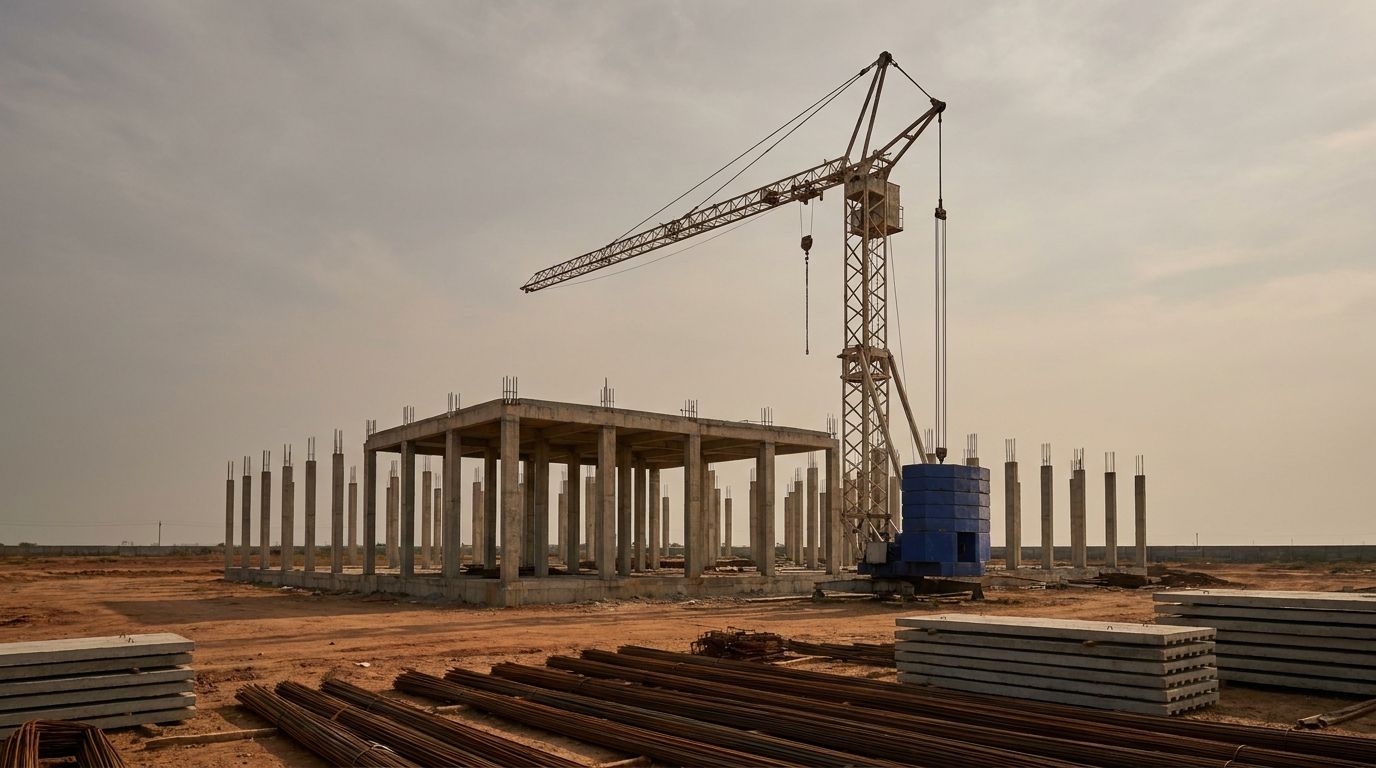 A half-built concrete data hall of bare columns on flat red earth, with an unmarked tower crane above it and stacks of rebar and precast panels in the foreground under an overcast sky.