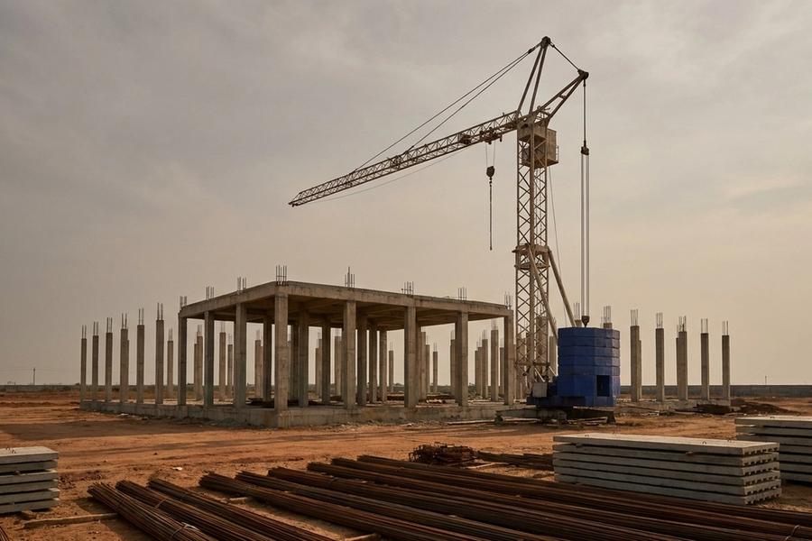 A half-built concrete data hall of bare columns on flat red earth, with an unmarked tower crane above it and stacks of rebar and precast panels in the foreground under an overcast sky.