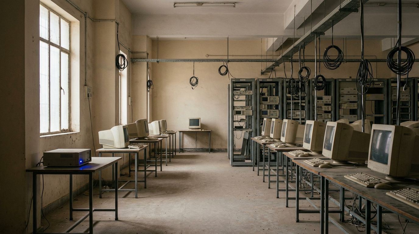 An empty, dusty telecom room with rows of beige CRT terminals on metal tables, grey equipment racks with coiled cables, and a single box on a side table glowing with a small blue light.