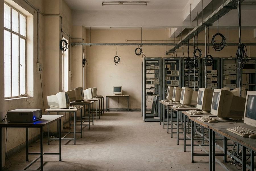 An empty, dusty telecom room with rows of beige CRT terminals on metal tables, grey equipment racks with coiled cables, and a single box on a side table glowing with a small blue light.