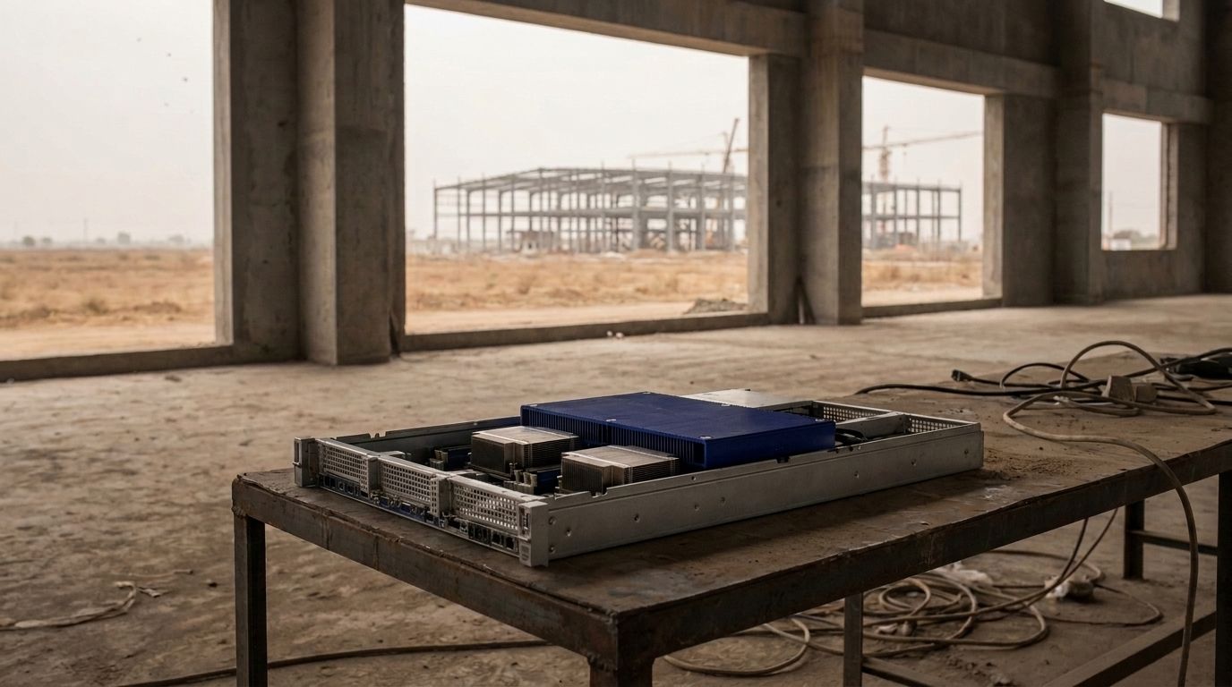 An unmarked server tray with metal heatsinks and a blue cooling plate rests on a dusty steel table inside an unfinished concrete hall; through open bays, a steel factory frame and cranes stand on a dry, flat plain.