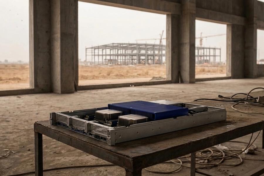 An unmarked server tray with metal heatsinks and a blue cooling plate rests on a dusty steel table inside an unfinished concrete hall; through open bays, a steel factory frame and cranes stand on a dry, flat plain.