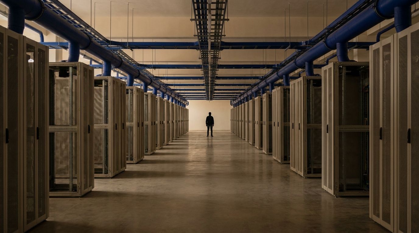 A long, dim data centre hall with rows of unbranded server racks on both sides, blue coolant pipes running overhead, and a lone figure standing far down the central aisle.