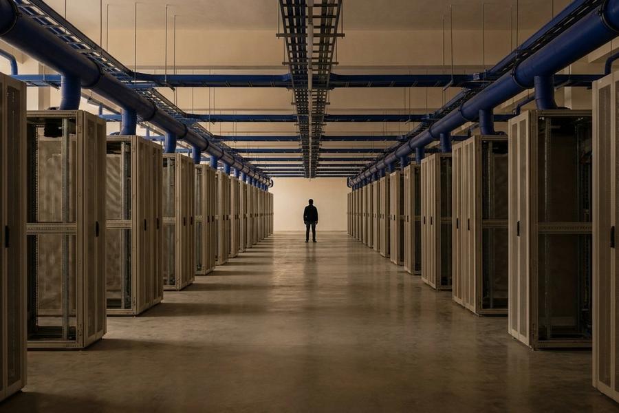 A long, dim data centre hall with rows of unbranded server racks on both sides, blue coolant pipes running overhead, and a lone figure standing far down the central aisle.