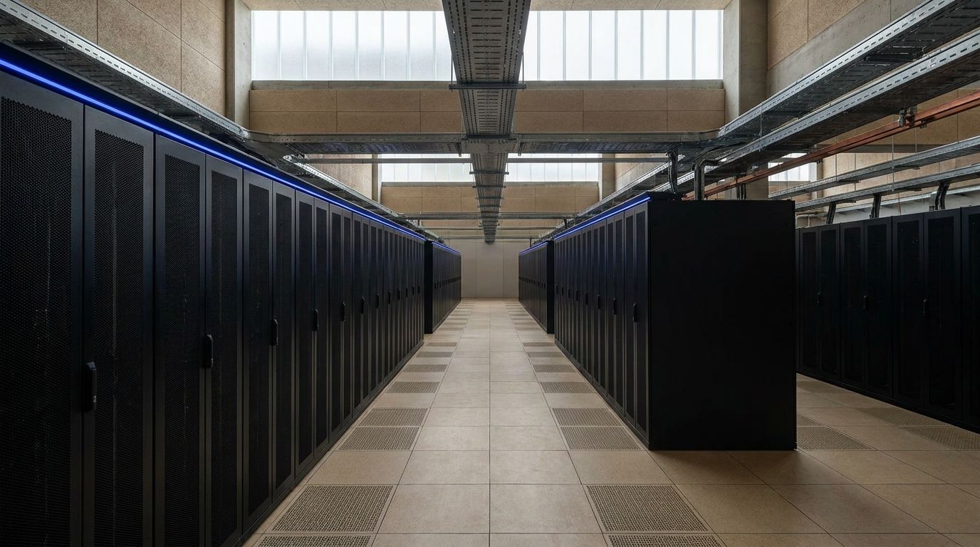 An empty data-centre hall with two long rows of black server racks receding along a tiled aisle under overhead cable trays, a thin blue light running along the top of the racks, and pale daylight from high windows.