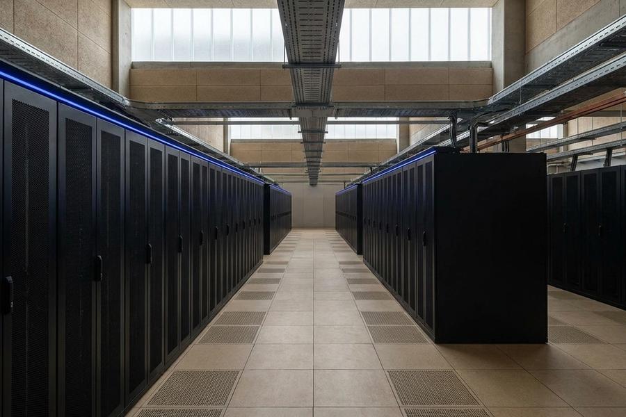 An empty data-centre hall with two long rows of black server racks receding along a tiled aisle under overhead cable trays, a thin blue light running along the top of the racks, and pale daylight from high windows.