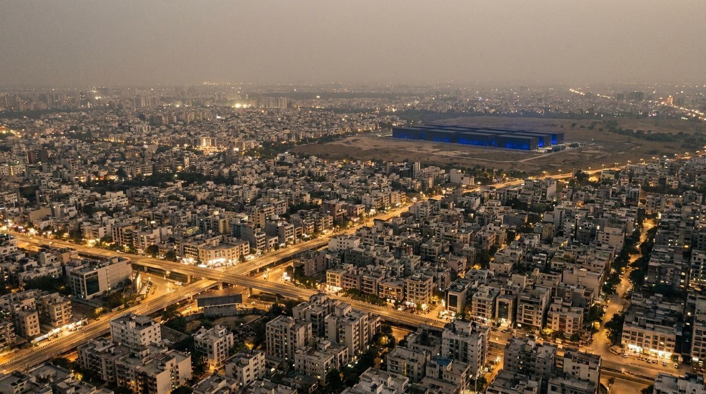 Aerial view of a dense Indian city at dusk with lit streets and a flyover, and at its far edge a long, low, windowless campus of halls glowing faintly blue on cleared land.