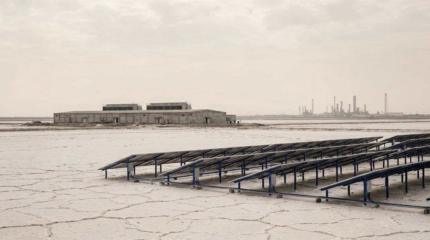 A cracked white salt flat with rows of solar panels on blue frames in the foreground, a long low concrete industrial hall in the middle distance, and refinery towers and a small flare on the horizon under an overcast sky.