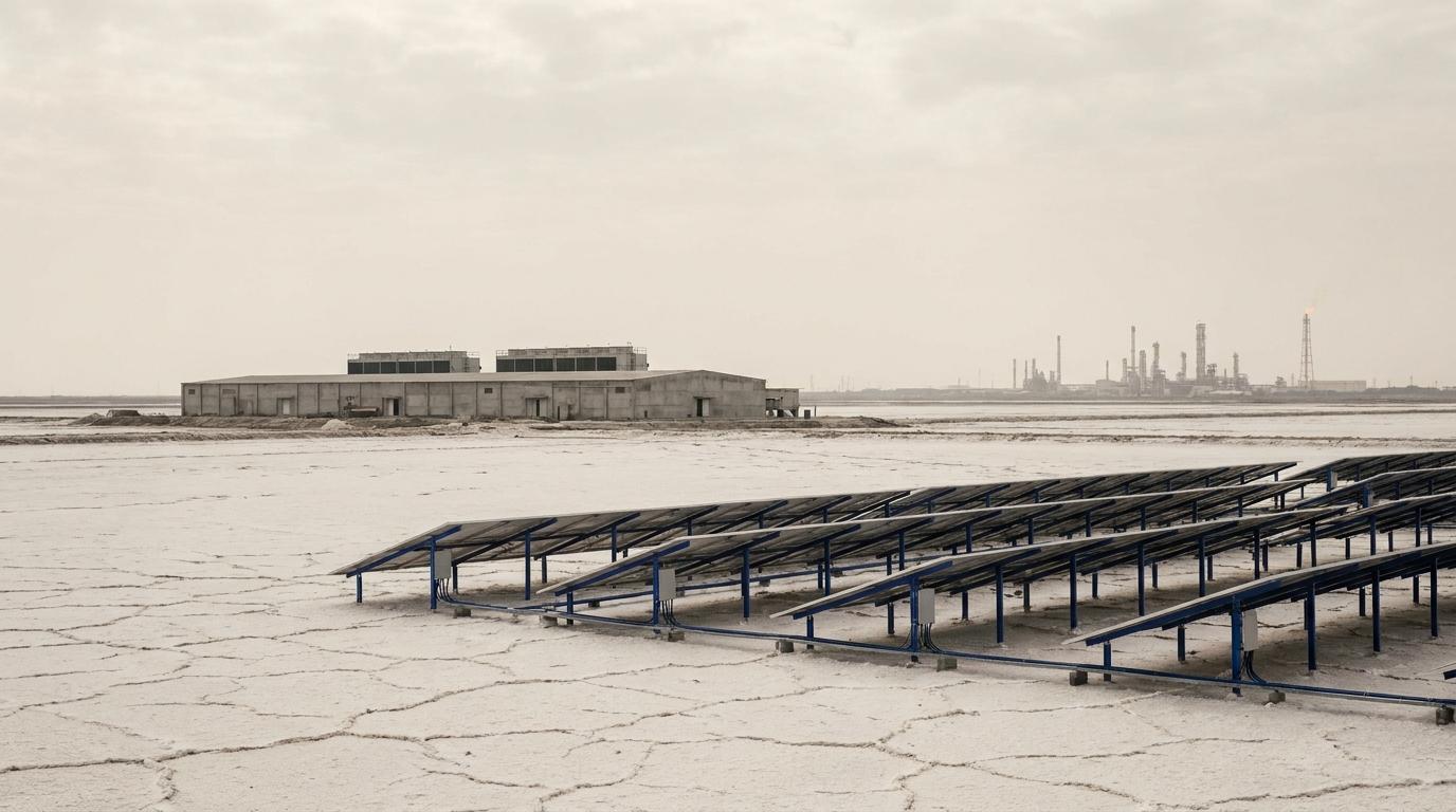 A cracked white salt flat with rows of solar panels on blue frames in the foreground, a long low concrete industrial hall in the middle distance, and refinery towers and a small flare on the horizon under an overcast sky.