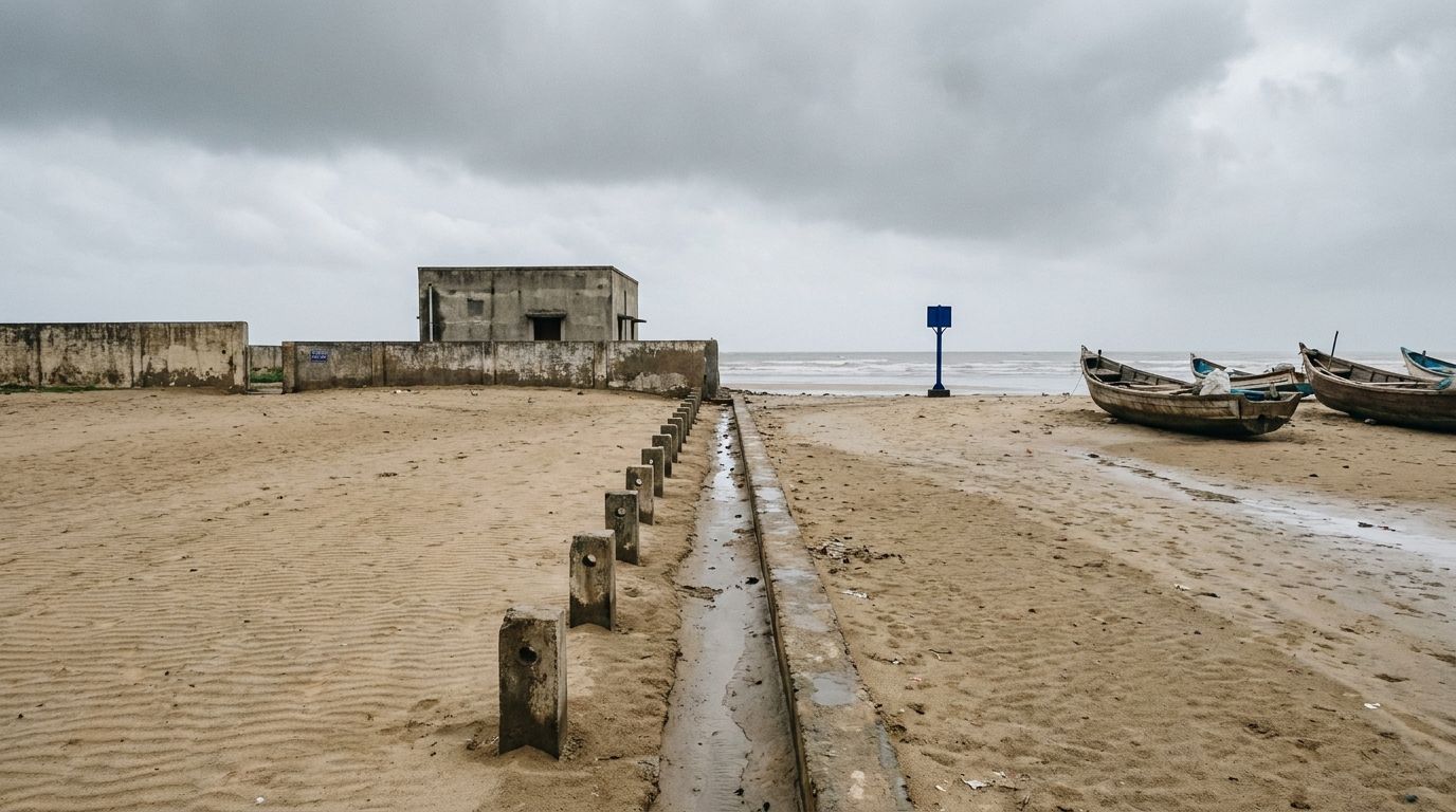 A sandy beach under a grey monsoon sky with a concrete channel and a row of short concrete markers running from the waterline to a small windowless concrete building behind a wall; wooden fishing boats rest on the sand and a blue marker post stands at the water's edge.