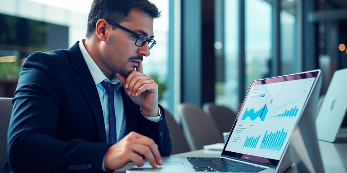 Business professional analyzing data in a modern workspace.