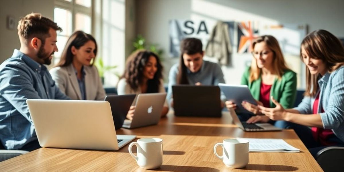 Diverse team collaborating in a bright office environment.