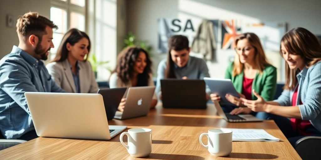Diverse team collaborating in a bright office environment.