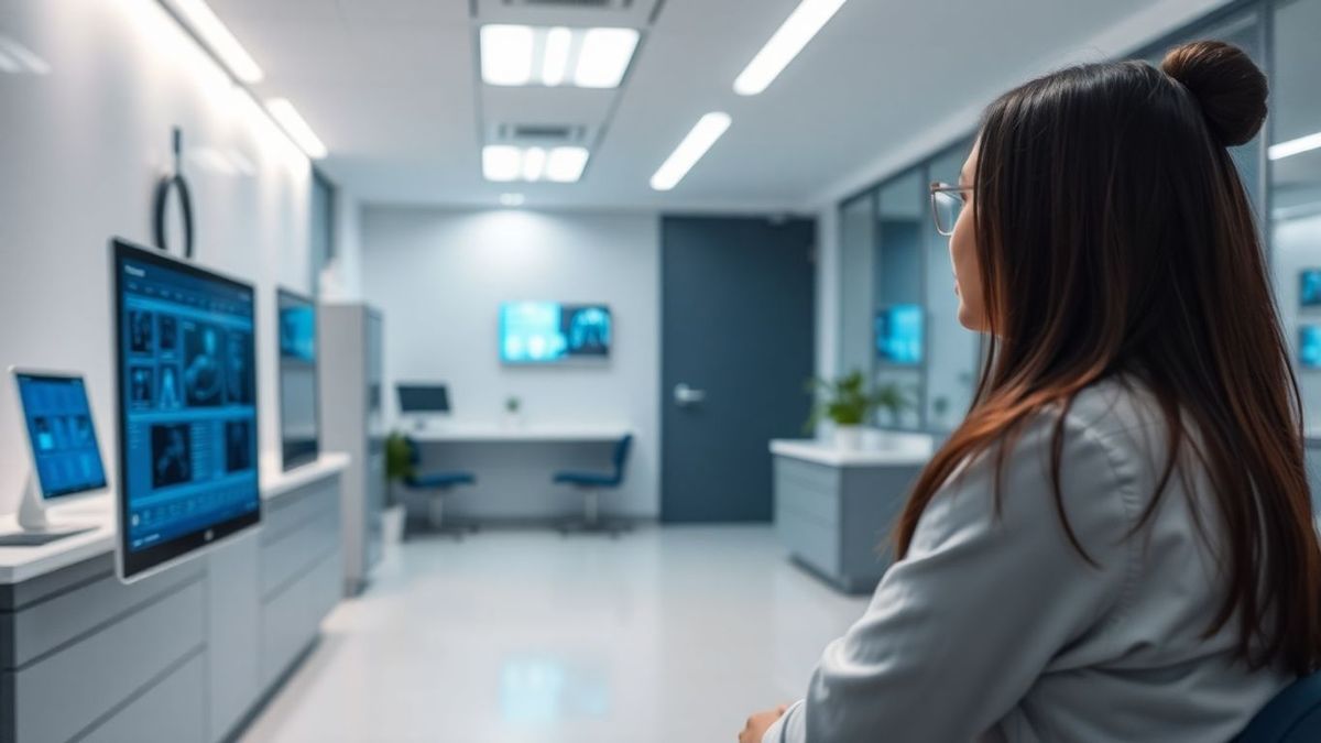 Doctor and patient with AI technology in a modern clinic.