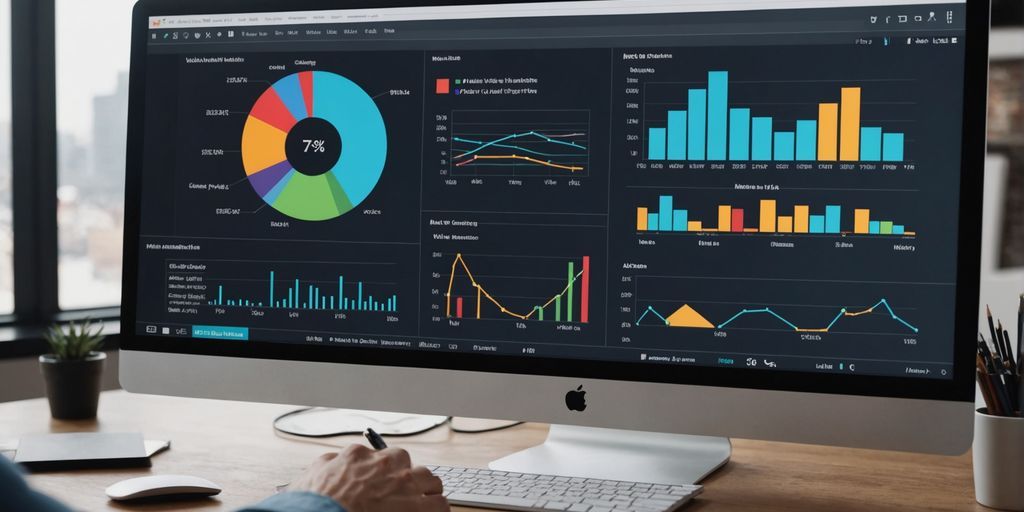 Marketer analyzing video performance metrics on screen